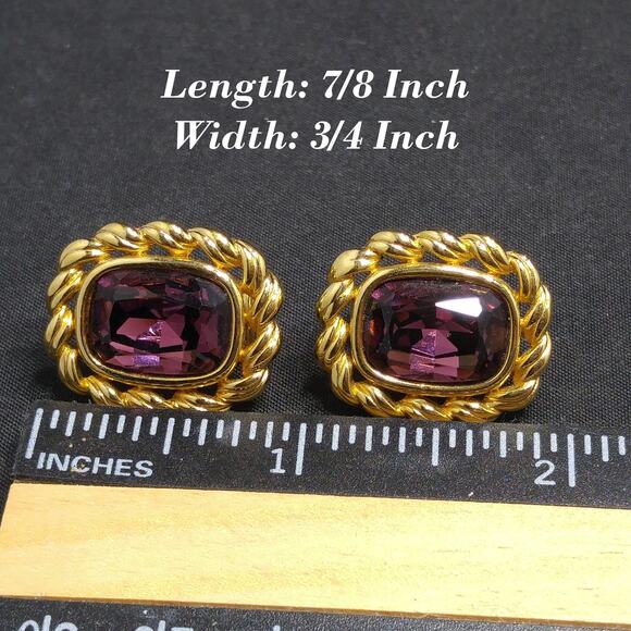 Swarovski S.A.L. Earrings, Purple Crystal Clip Ons, Gold Rope Design, 1970s - Picture 8 of 10